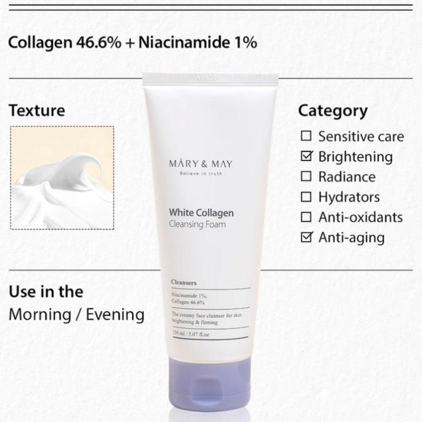 MARY & MAY White Collagen Cleansing Foam (150ml) | Korean skincare | FREYA - Asian Beauty Secret