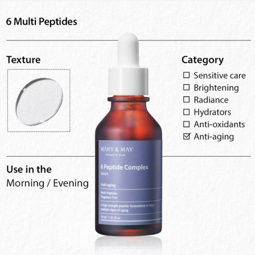 MARY & MAY - 6 Peptide Complex Serum (30ml) | Korean skincare | FREYA - Asian Beauty Secret